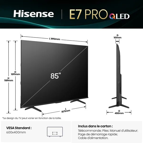 Hisense 85E7Q Pro 2025 - TV QLED 215cm