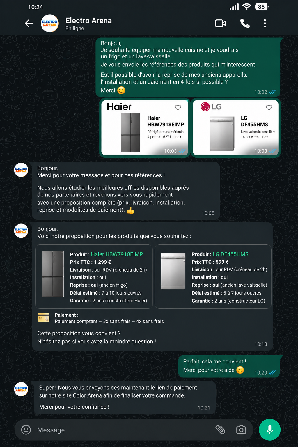 Cas pratique Electro Arena sur WhatsApp