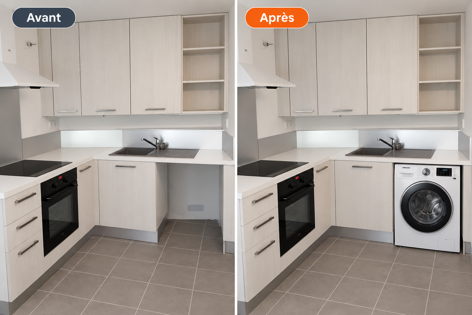 Cuisine avant après avec lave-linge intégré