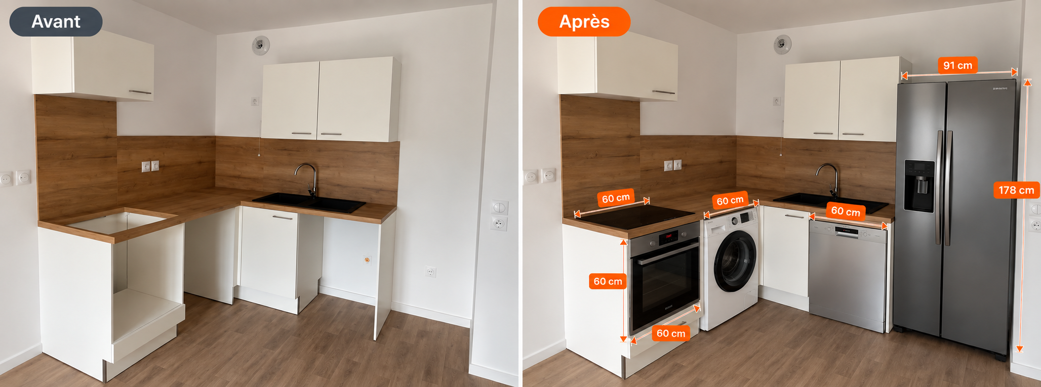 Cuisine avant après avec électroménagers et dimensions